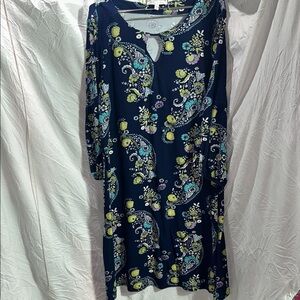 Navy Floral Paisley Dress with Keyhole Neckline